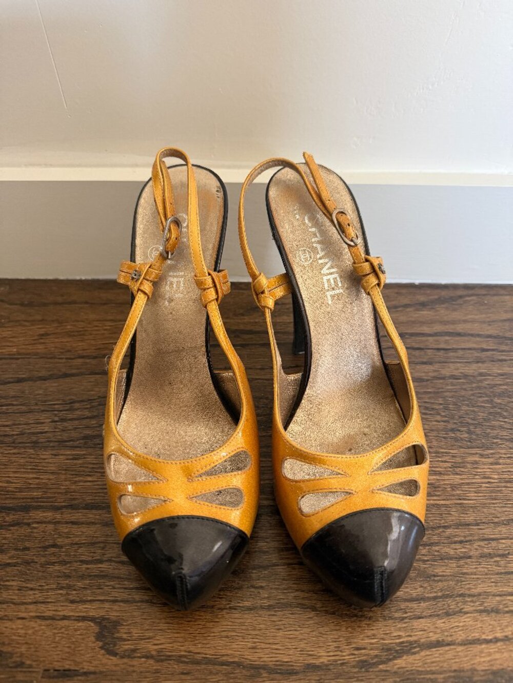 Chanel Gold Patent Leather Black Cap-Toe Slingback Heels, Size 39